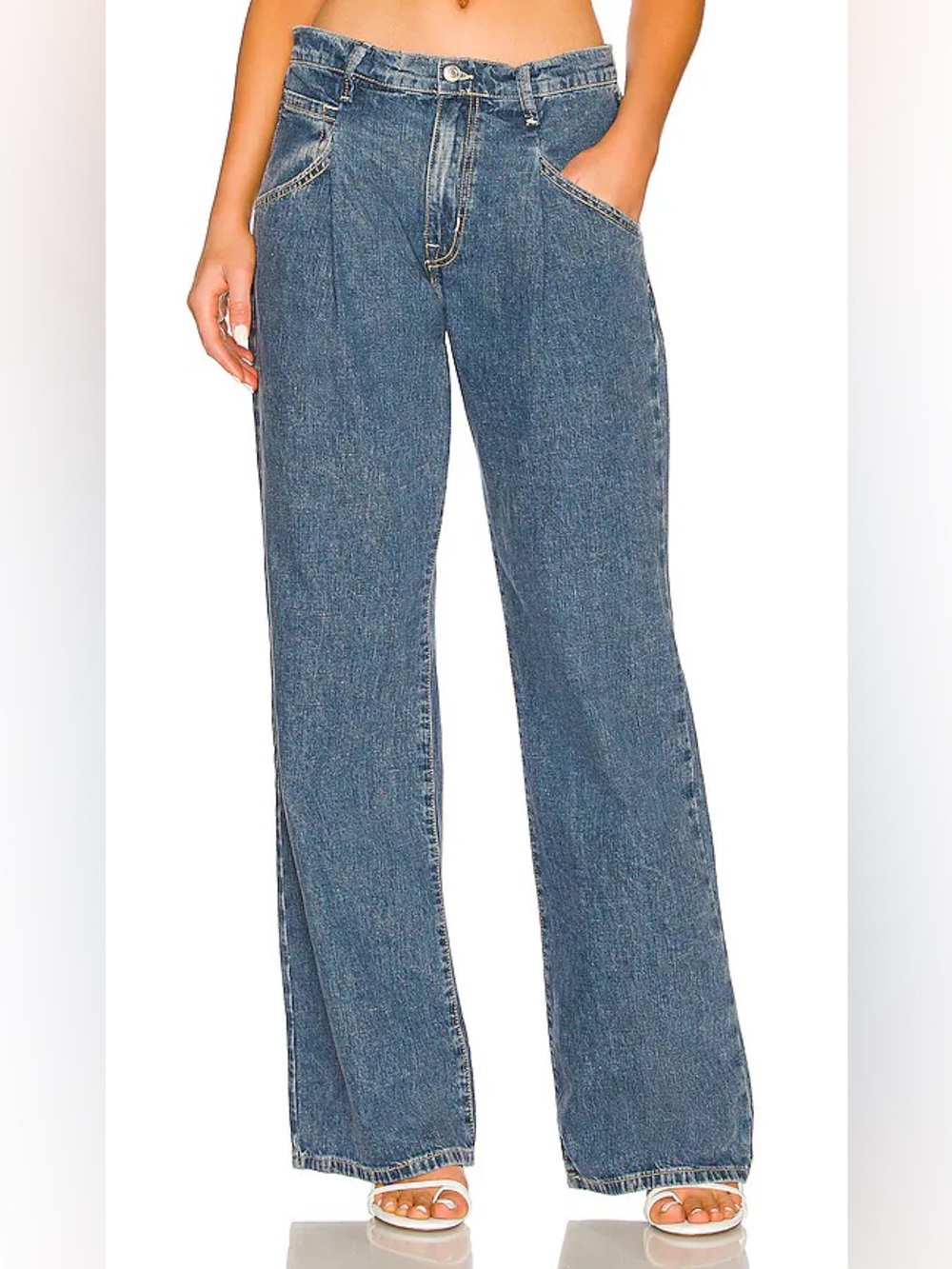 Free People Wide Leg Slouch Jeans Luca Blue Pleated 31 Slouchy